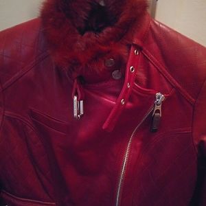 RUDSAK red leather jacket with rabbit fur collar. Size medium.